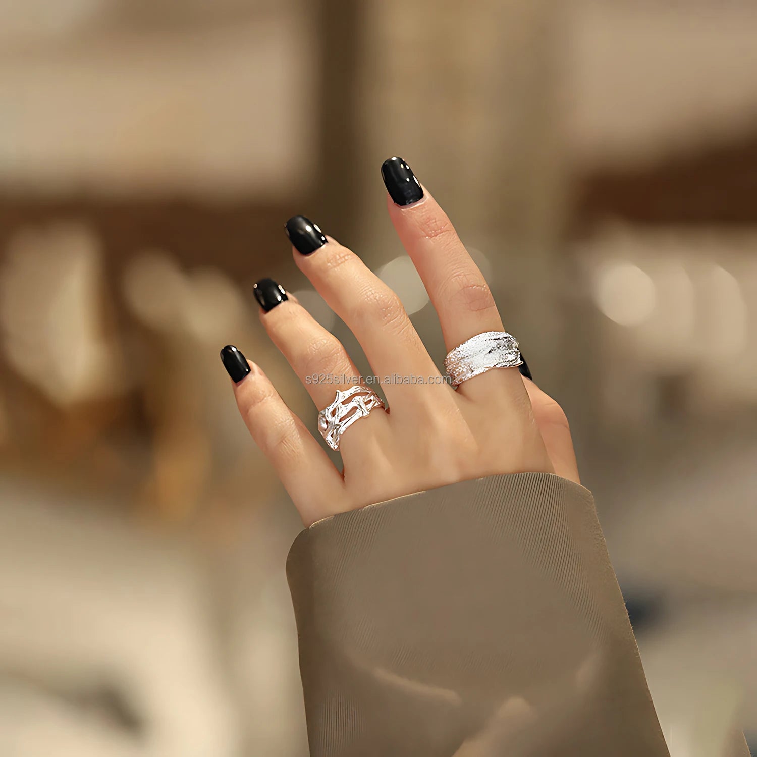 Valentine's Day Fine Jewelry 925 Sterling Silver Open Ring for Women Textured Surface Wavy Pattern Modern Ring Jewelry for Girls