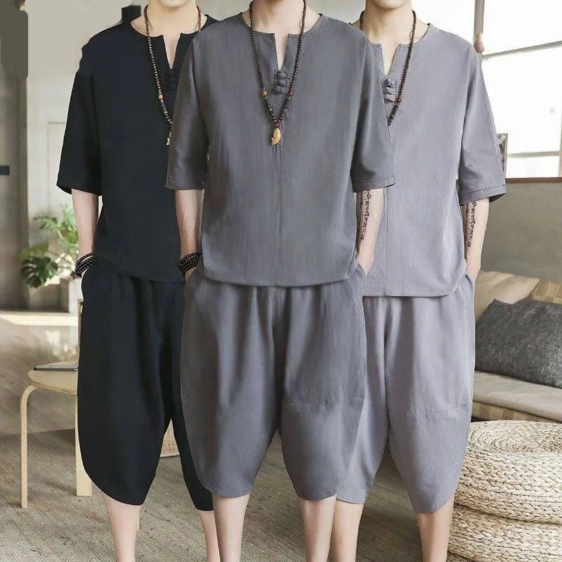 New Men's Thin Linen Suit Summer Chinese Loose Large Cotton and Linen 2 Pieces / Suit Short Sleeve Trousers 2 Pieces Set