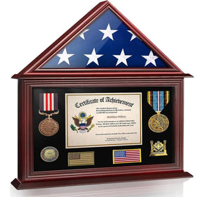 Wooden Box with Hinged Lid Flag Display Case Box for Folded' American Veteran Solid Wood Military Flag Certificate Shadow Box