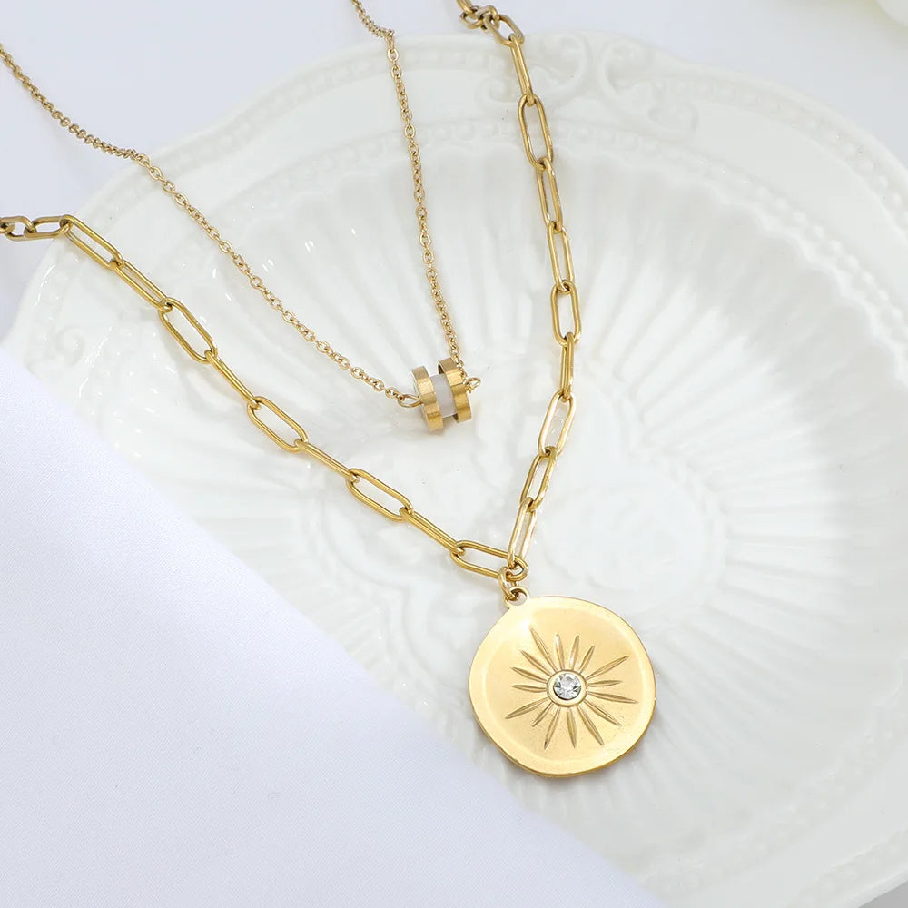 IVANDA Unisex Wholesale Gold Plated Round Stainless Steel Star Zircon Pendant Sweater Chain Multilayer Long Trendy Necklace