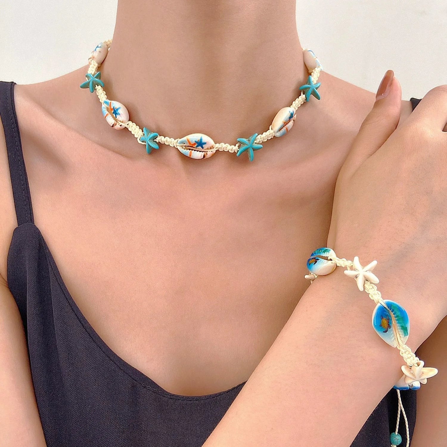 Hawaii Summer Beach Woven Natural Shell Jewelry Set Blue Turquoise Ocean Starfish Seashell Necklace Sea Turtle Shell Bracelet