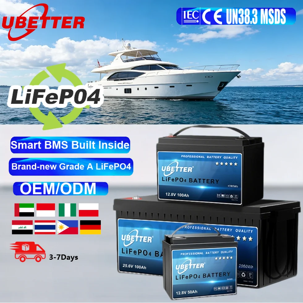 Stock Ubetter 24V/12V LiFePO4 Battery Pack 100-200Ah Smart BMS High Power Rechargeable Marine RV Solar Battery 2500-5000 Cycles