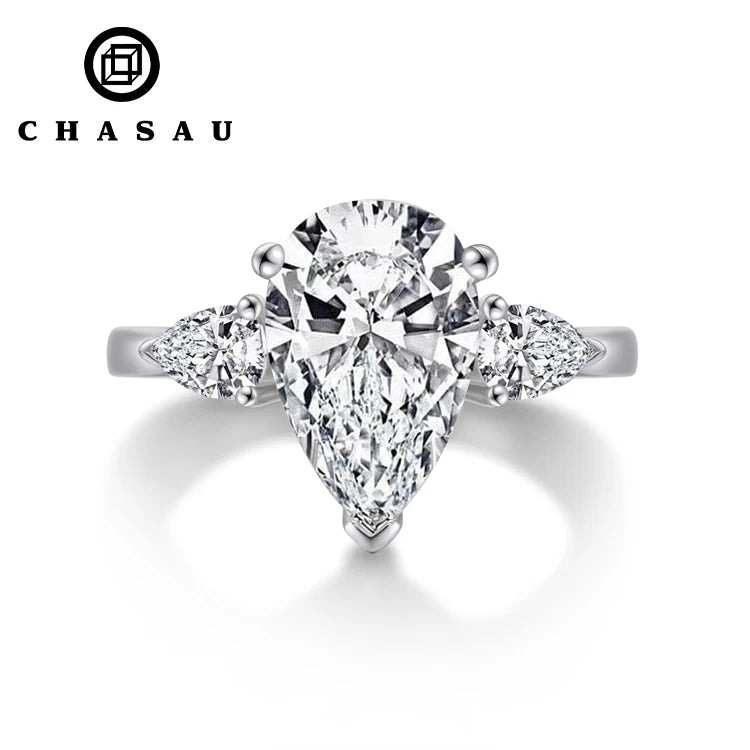 Hot Sell 5 Carat CZ Cubic Zircon 925 Sterling Silver Three Stone Pear Cut Crystal White Engagement Ring