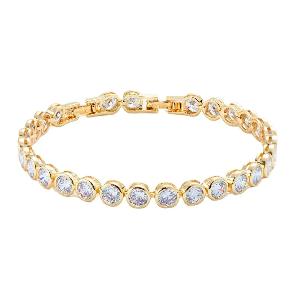 Hot Sale Fashion Tennis Bracelets Copper Gold Plated Round Zircon Link Bracelet for Women Jewelry Luxury Gifts
