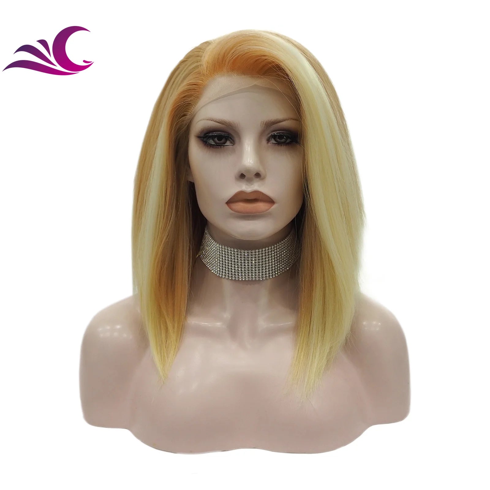 Celebrity Highlight Blonde Orange Honey Blonde Color bob Blunt Cut Synthetic Lace Front Wig for White Women