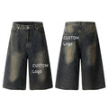 Custom  Washed Denim Shorts Casual Straight Raw Denim Jeans Mid Waist Button Decoration Men Denim Jeans Distressed Shorts