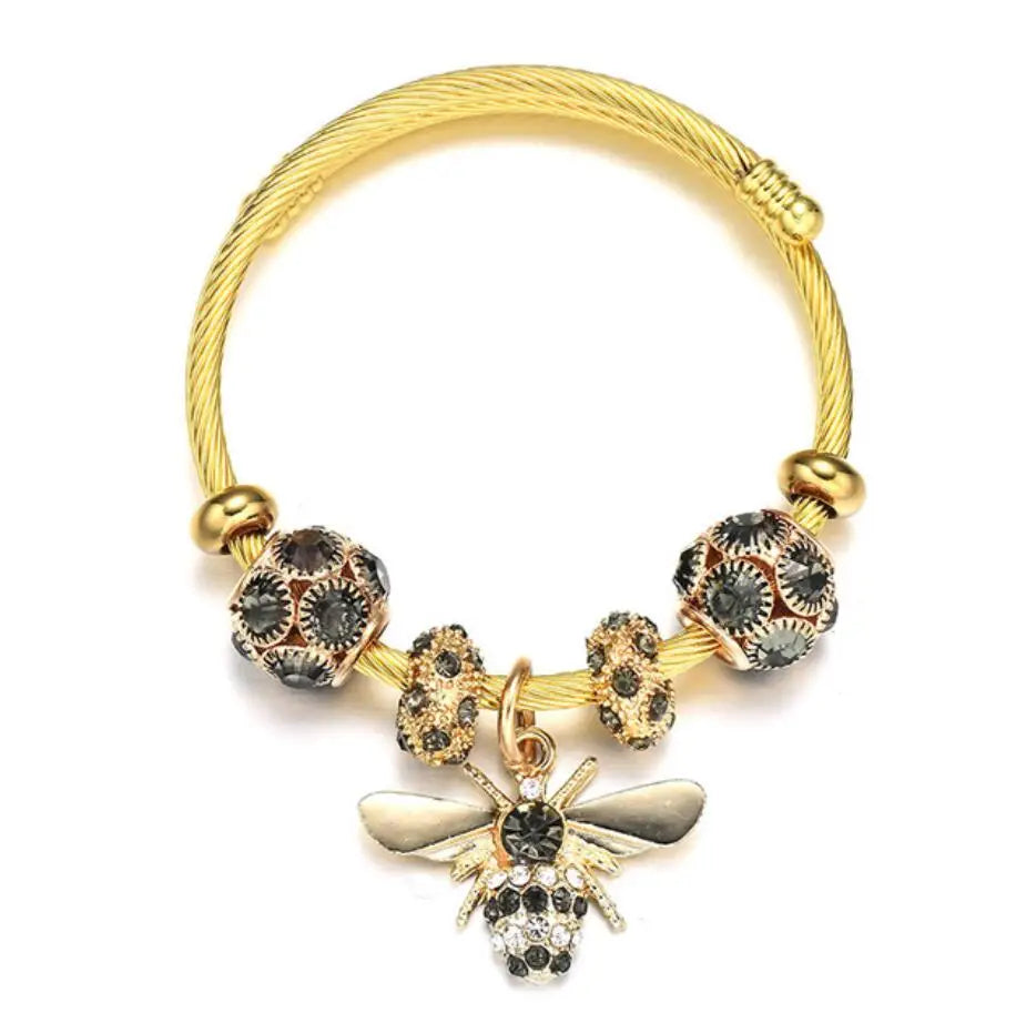 Luxury Women's Stainless Steel Ball Bangle 18K Gold Plated Trendy Bee Couple Charm Anniversary Gift Main Stone Zircon