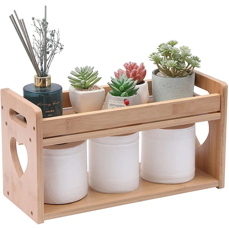 Multifunction Bamboo Desktop Plant Stand 2-Tier Storage Shelf Holder Display Rack