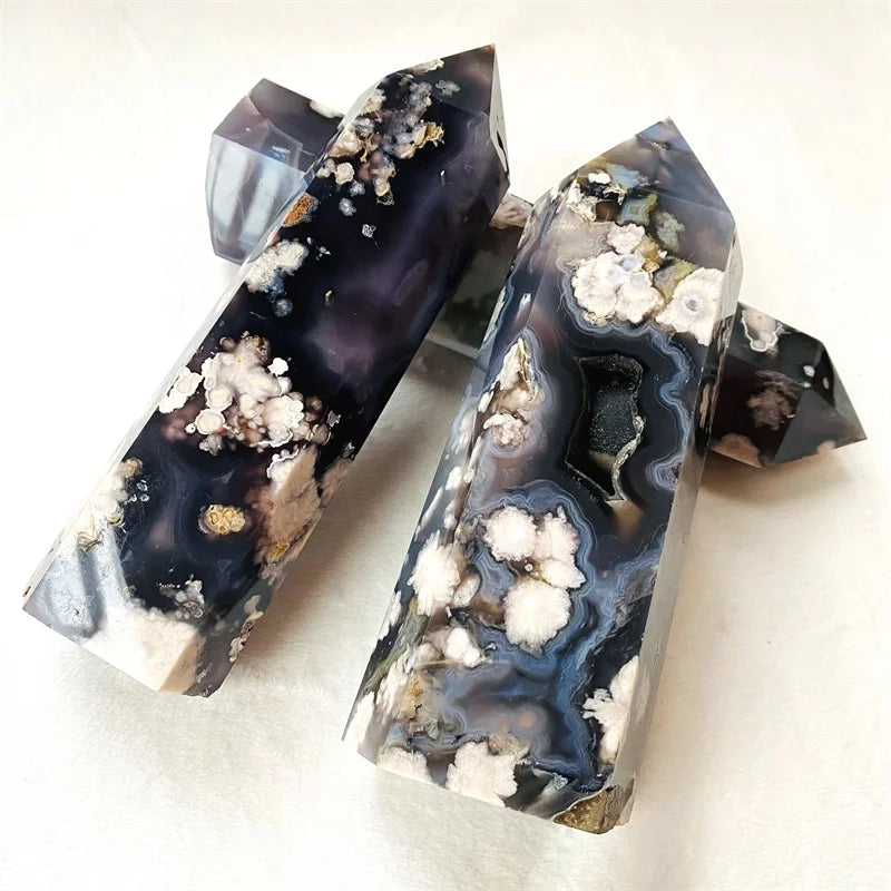 Natural Black Cherry Agate Tower Flower Blossom Crystal Points for Fengshui Decoration