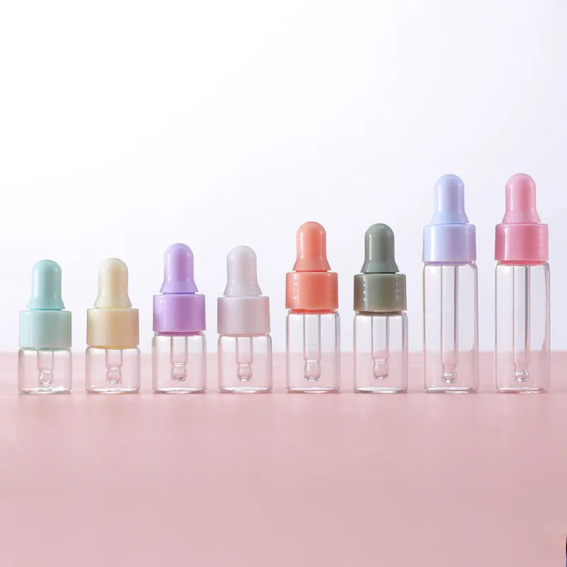 Small Refillable Cosmetic Glass Vials 1ml 2ml 3ml 5ml Oils Dropper Bottles with Colorful Rubber Top for Perfume Packaging Print