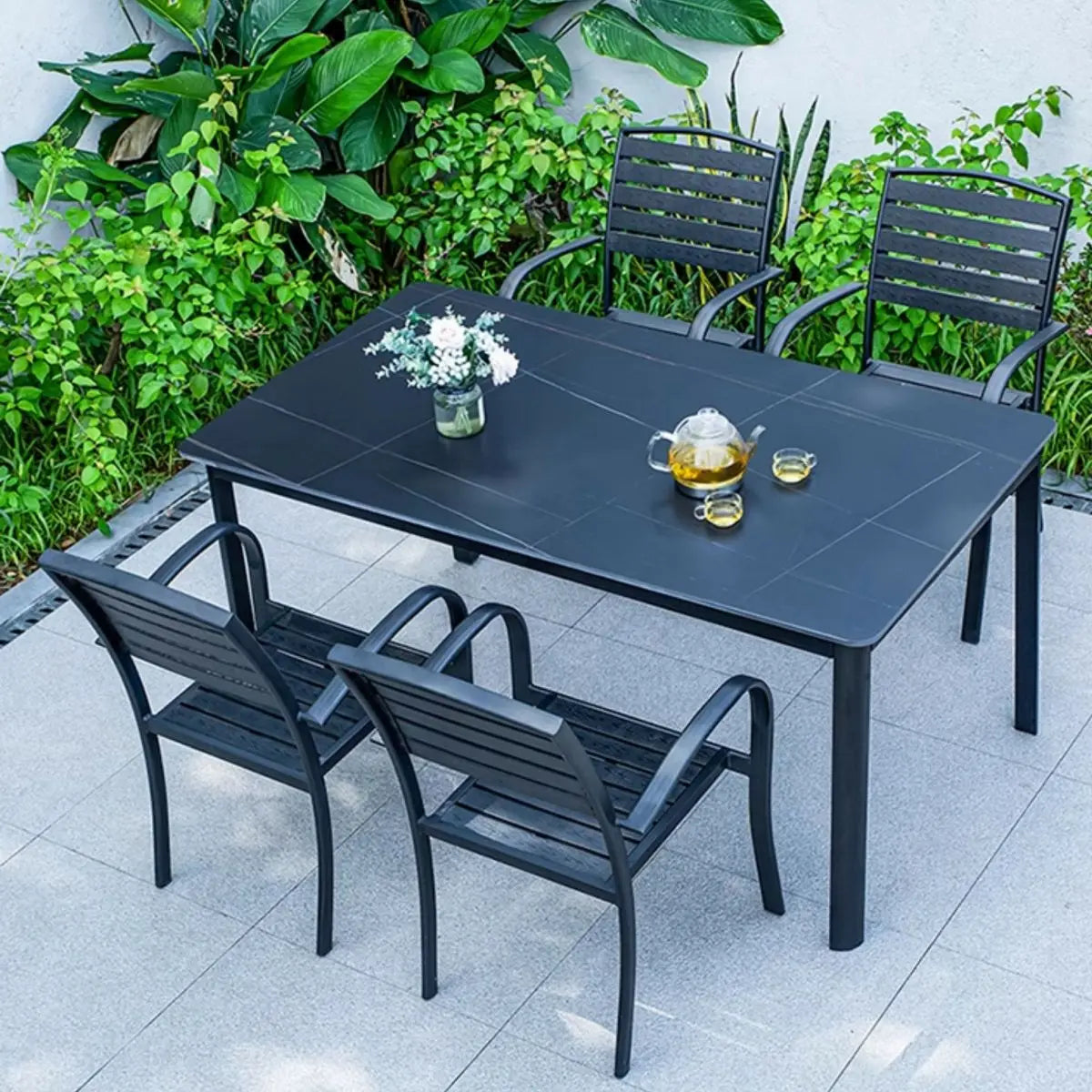 Youya Durable Luxury Garden Table Chairs Set Black Waterproof Plastic Outdoor Dining Table Set for Backyard/swimming Pool