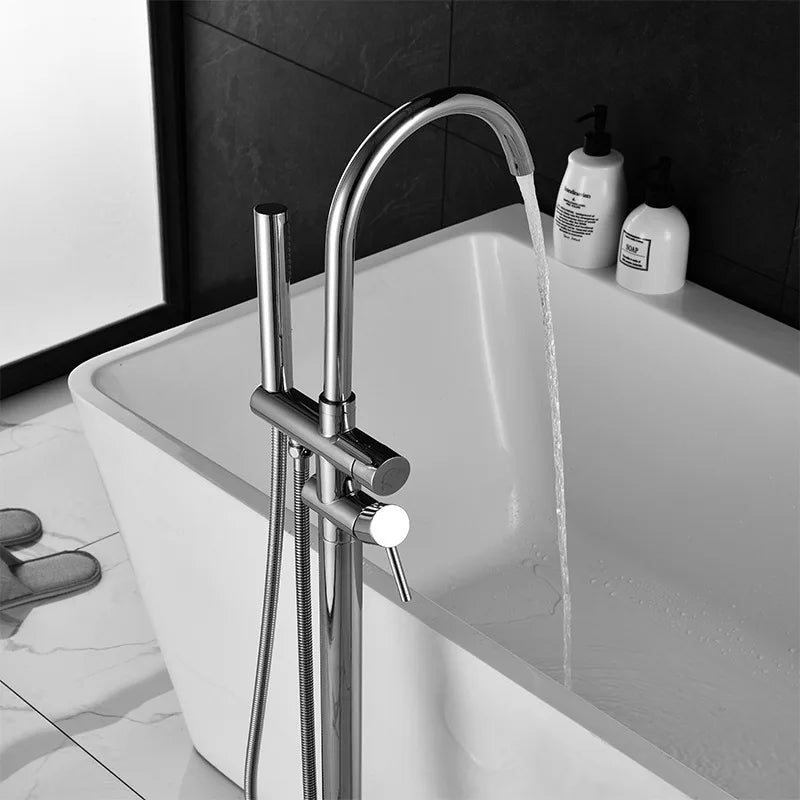 Single-Handle Traditional Bath Shower Mixer Floor-Mounted Ceramic Brushed Finish Bathtub Faucet Rain Stand Alone Tub Filler-Made