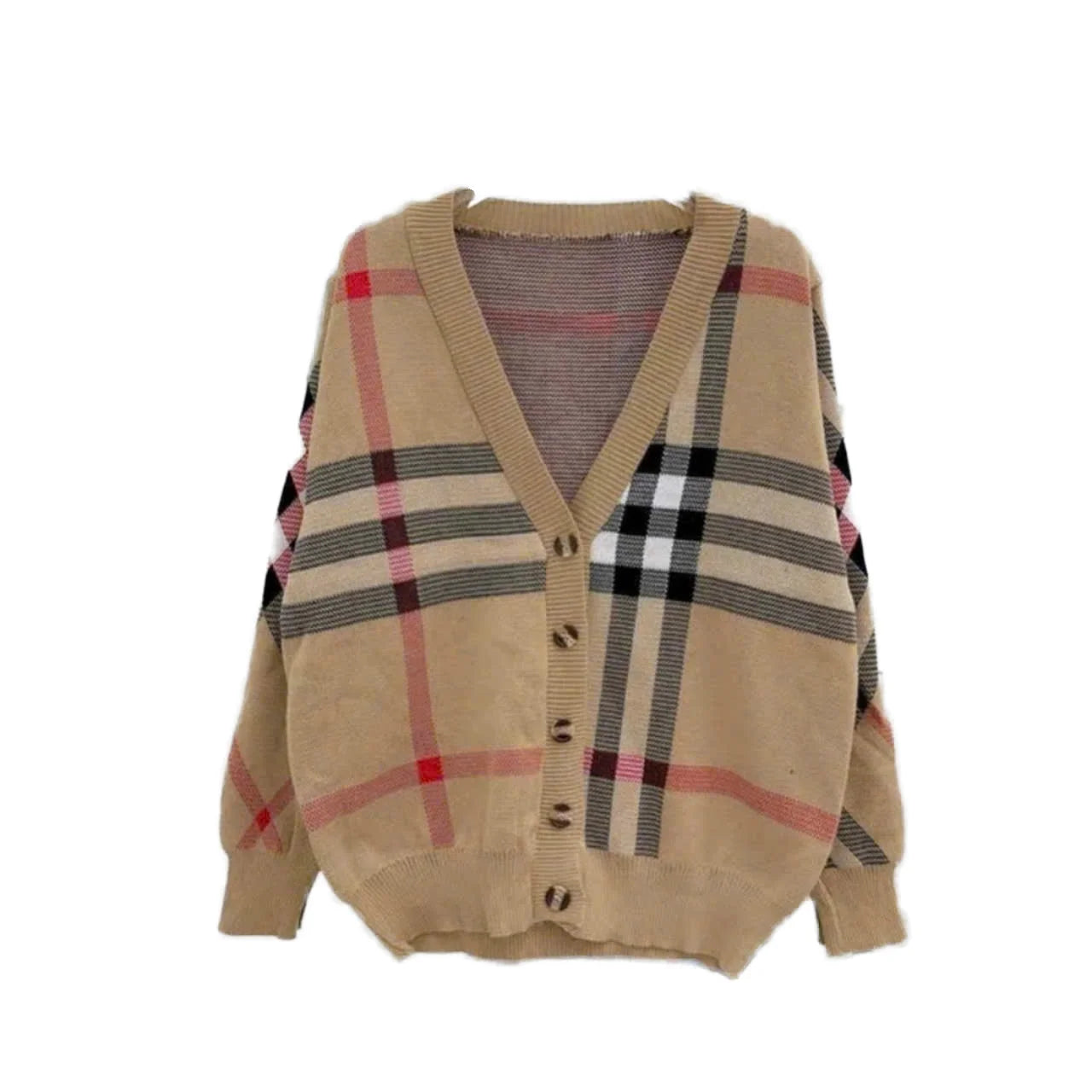 Winter Sweet Oversize Classic Cardigan Single Breasted Sweater Ribbing V Neck Long Sleeve Plaid Plus Size Women's