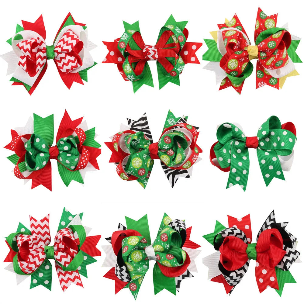 Fashion Colorful Layered Ribbon Bowknot Hairpin Children Kids Girls Christmas Hair Bow Clip Accessories for Gift