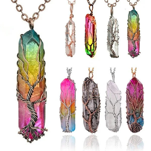 Crystal Stone Pendant Natural Stone Winding Tree of Life Necklace Pendant Gemstone Pendants