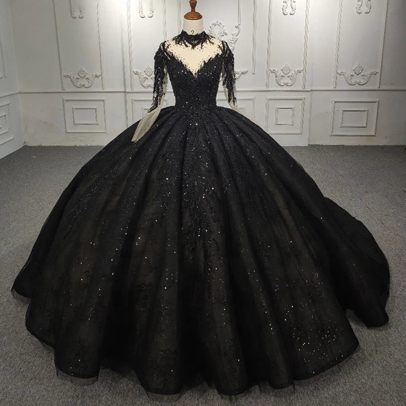 Jancember DY9979 Elegant V-Neck Long Sleeve Sequined Ball Gown Evening Dress Formal