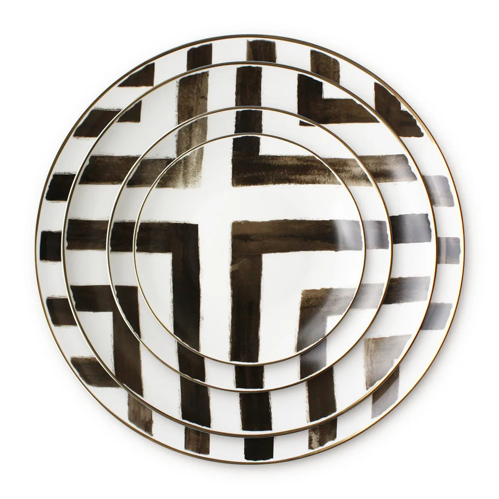Creative Bone China Dinnerware Sets White Gold Rim Ceramic High-end Crossroads Pattern Modern Stocked 7-9 Users Party Dinnerware