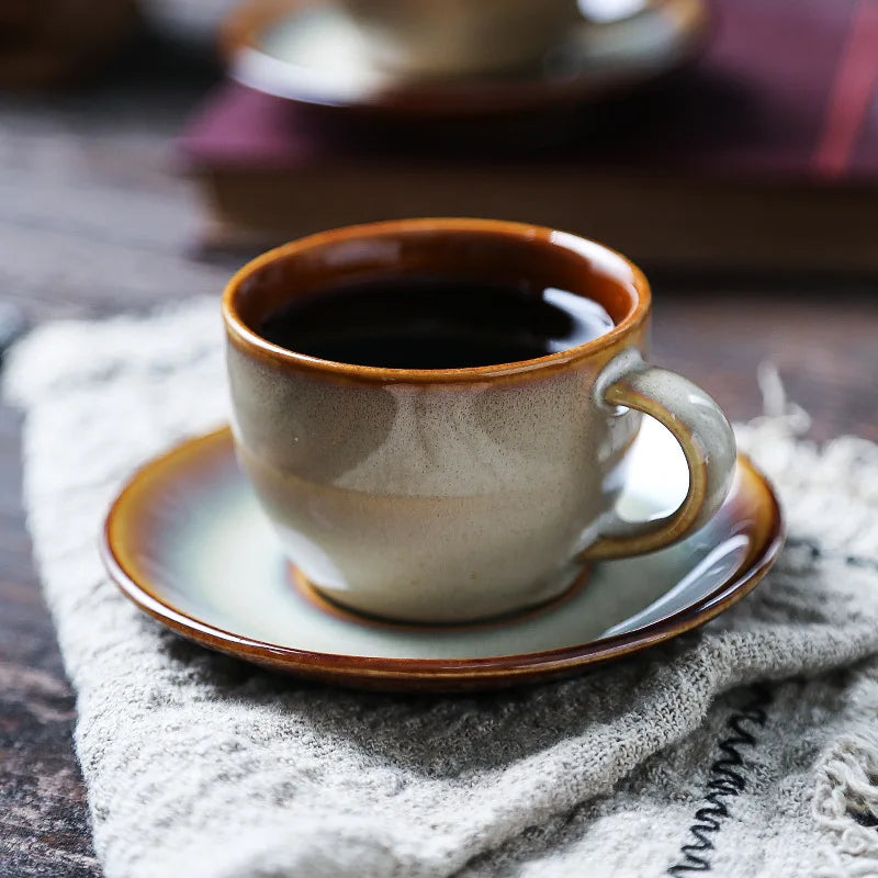 Retro Style Ceramic Mini Italian Espresso Coffee Cup and Saucer Set Back to School 100ml Capacity Dishwasher & Microwave Safe
