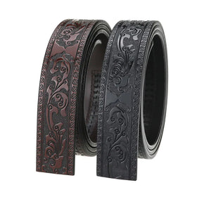 LQbelt Cowhide Leather Belt Strap Engrave Design Men's Automatic Buckle Belt Without Buckles Ratchet Strap Factory