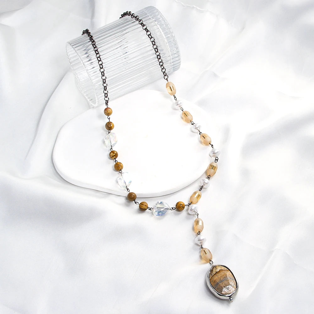 Fashion New Personal Hip Hop Necklace Black Chain Natural Stone Glass Needle Necklace Geometry Natural Stone Pendant Necklace