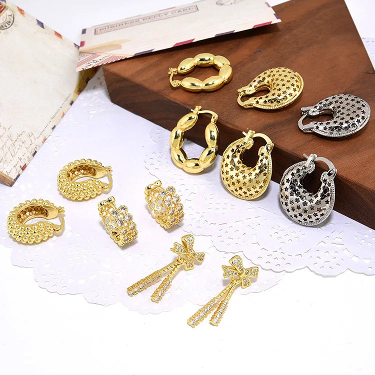 EM1389 Bohemian Bold 18k Gold Plated Hollow Stars Hoop Earrings Gold Statement Hoops Bowknot Bow Stud Earrings for Women