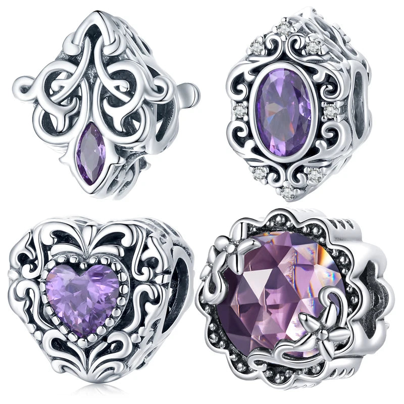 925 Sterling Silver Vintage Pattern Charm Bracelet Original Diamond Shape Purple Crystal Bead for Crystal Pendants Charms