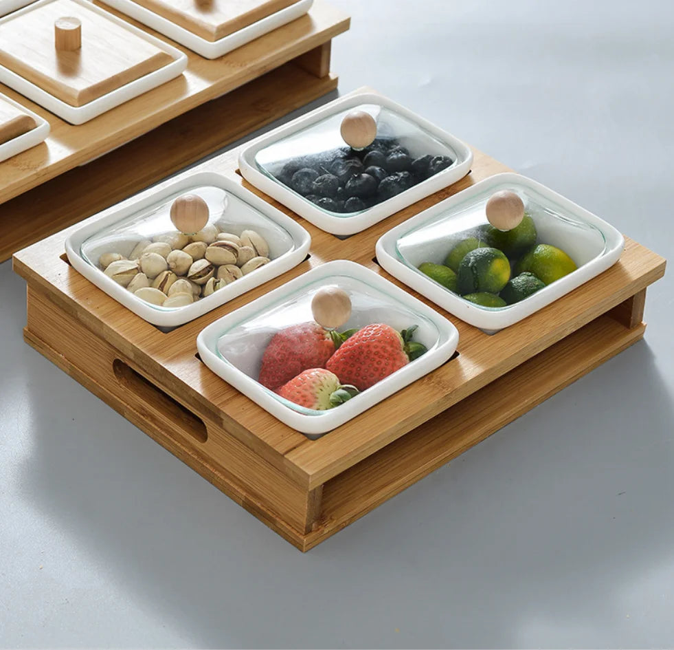 Creative Eco-Friendly Customized Snacks Plate Fruit Bowl Biscuits Nuts Dried Tray Glass Lid Living Room Ceramic Bamboo Wooden