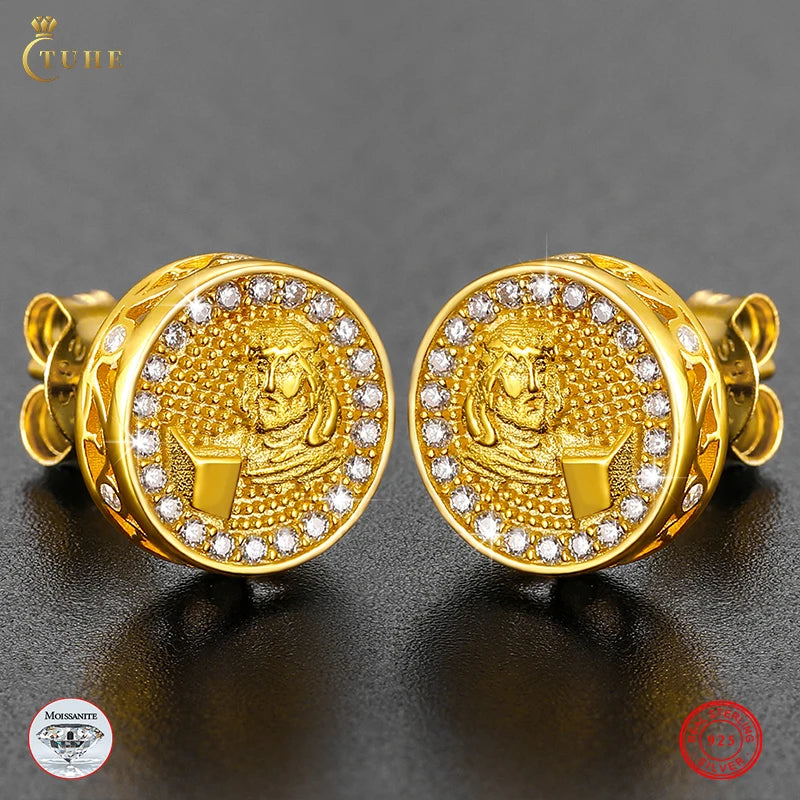 Luxury Real Gold Plated 925 Sterling Silver VVS Moissanite Diamond Sage Pattern Stud Earrings for Men