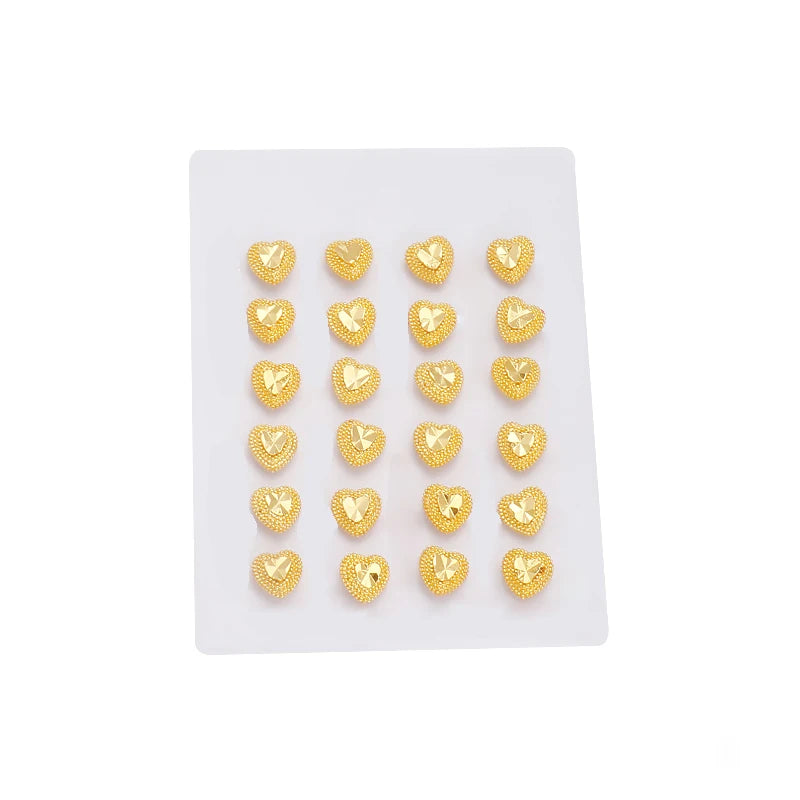 JXX JED-08-6 Dubai Style Women's Gold-Plated Brass Tiny Earrings Set Classic Stud + Heart Stud Design for Anniversaries