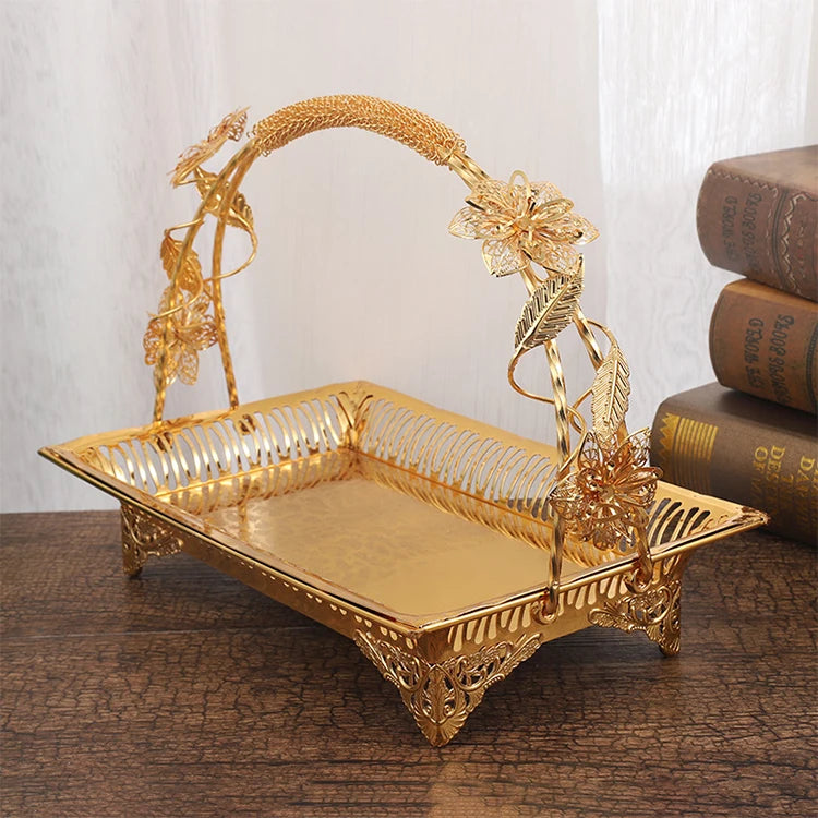 European Style Luxury Rectangle Metal Iron Gold Serving Tray Multifunctional Gold Fruit Storage Basket