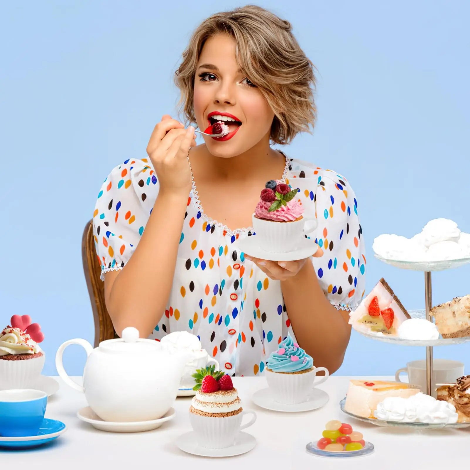 Silicone Tea Cups and Saucer Set for Afternoon Tea and Cupcake Parties Includes Molds for Cake Tools
