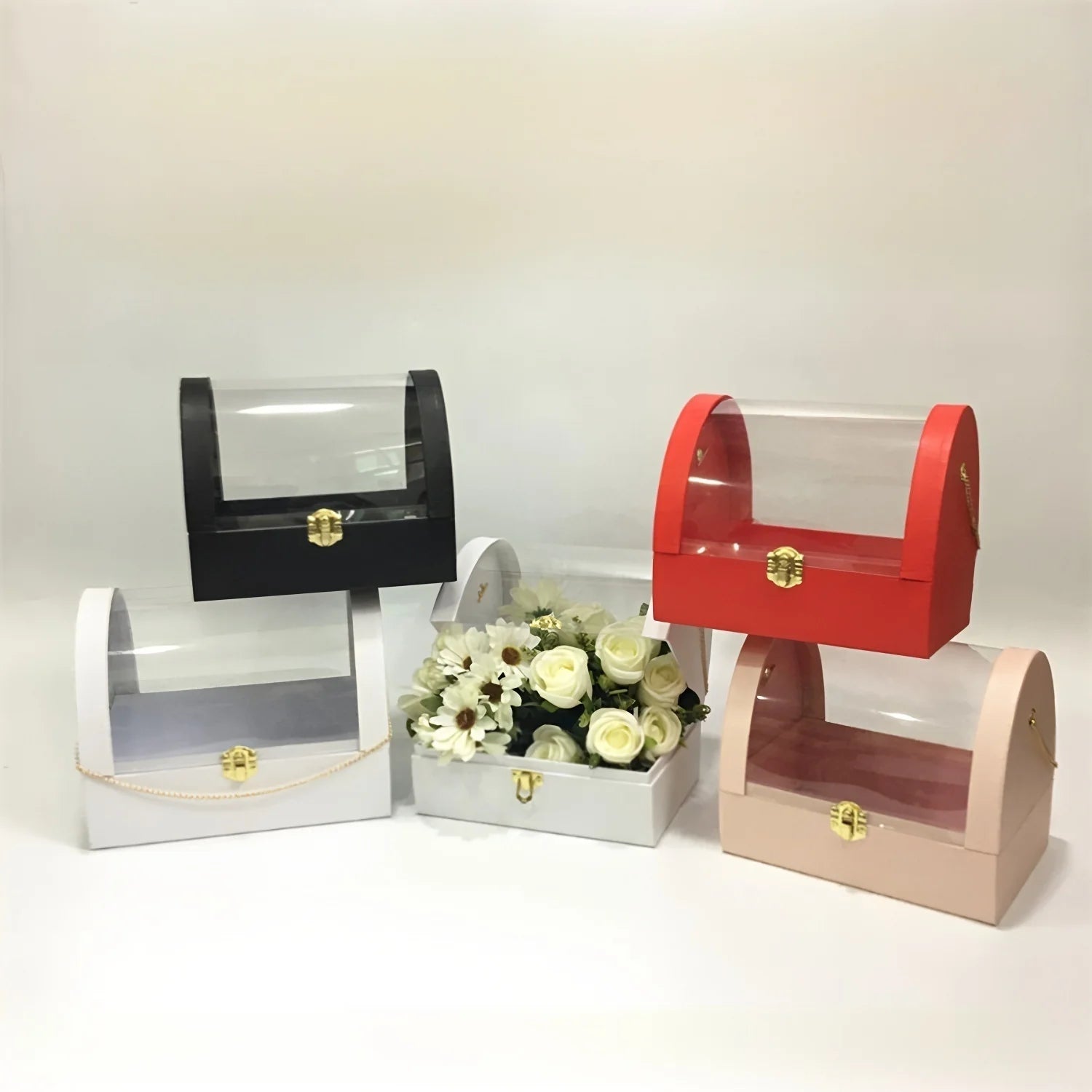 Portable Transparent PVC Window Opening 2-Piece Set Flower Gift Box Flip Flower Box Gift Packing Box with Metal Lanyard