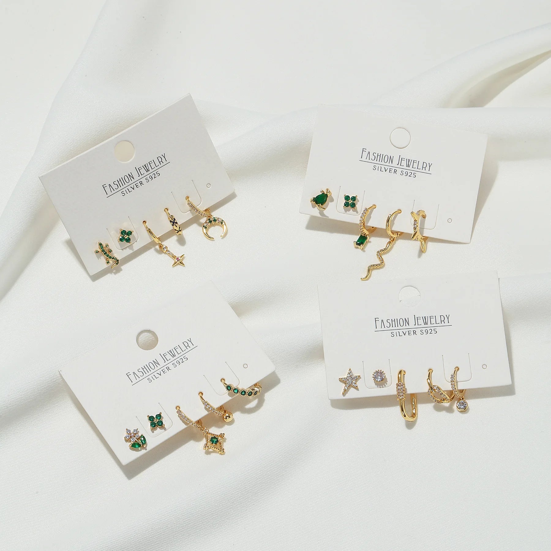 Ins Style Green Zircon Stud Earrings Set Gecko Dinosaur Owl Small Animal Personality Fashion Women 18K Gold Plated