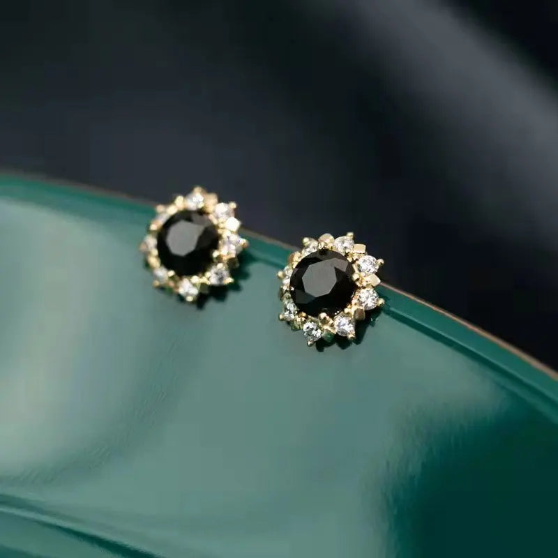 Hot Selling 18k Gold Plated Stud Earring 925 Sterling Silver Round Black Diamond Stud Earring