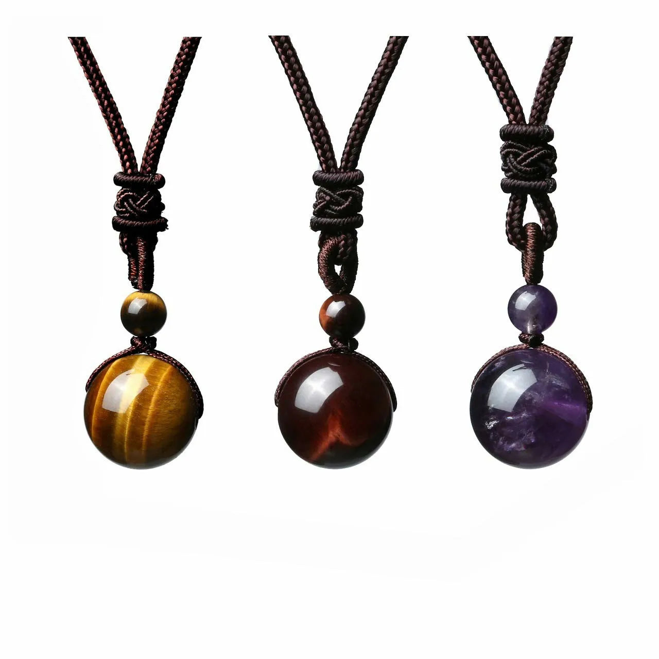 16MM Natural Tiger Eye Amethyst Obsidian Pendant Necklace Lucky Blessing Protection Beads Necklace for Women Men