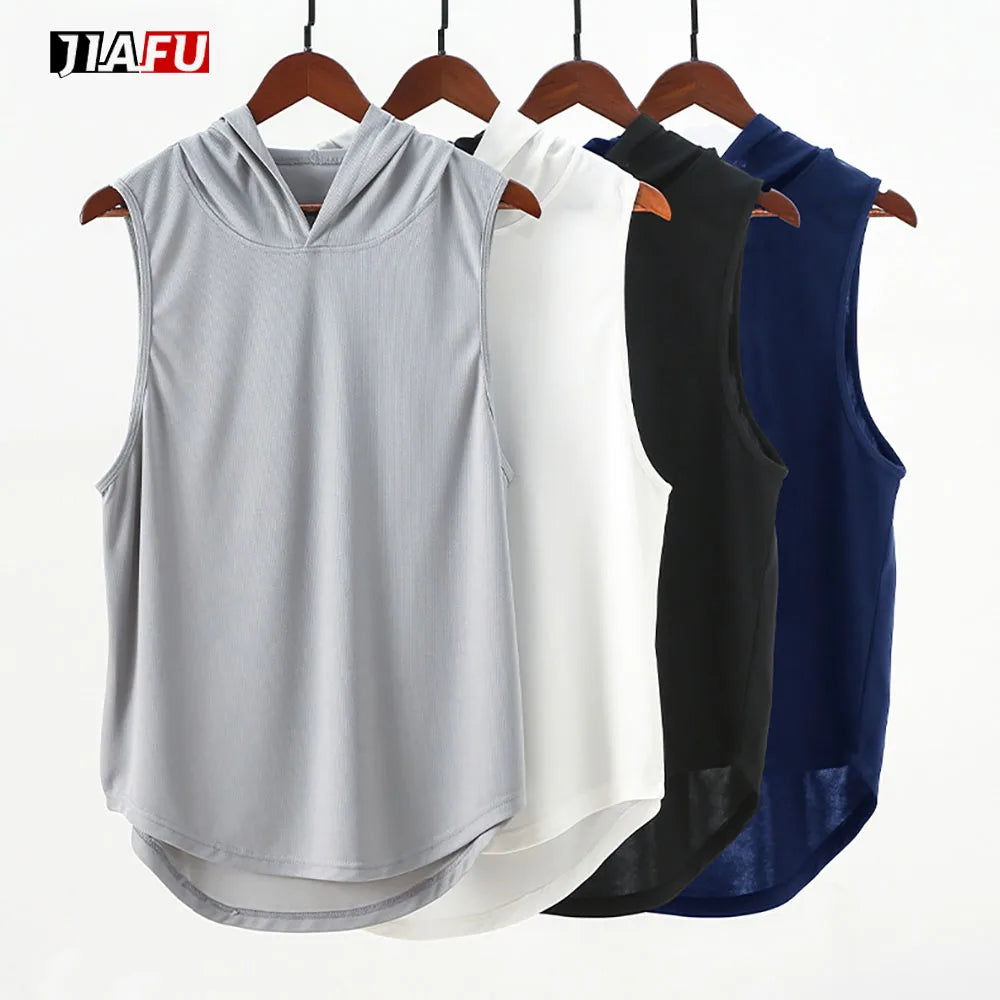New Sports Gym Sleeveless Knitted Hooded Vest Men Blank Customized Tshirt Bodybuilding Stringer Tank Tops Breathable Quick Dry