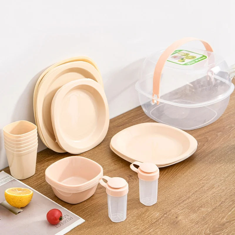 Modern 36-Piece Disposable Plastic Outdoor Tableware Set Portable Fruit Pattern Picnic & Cooking Dinnerware Box