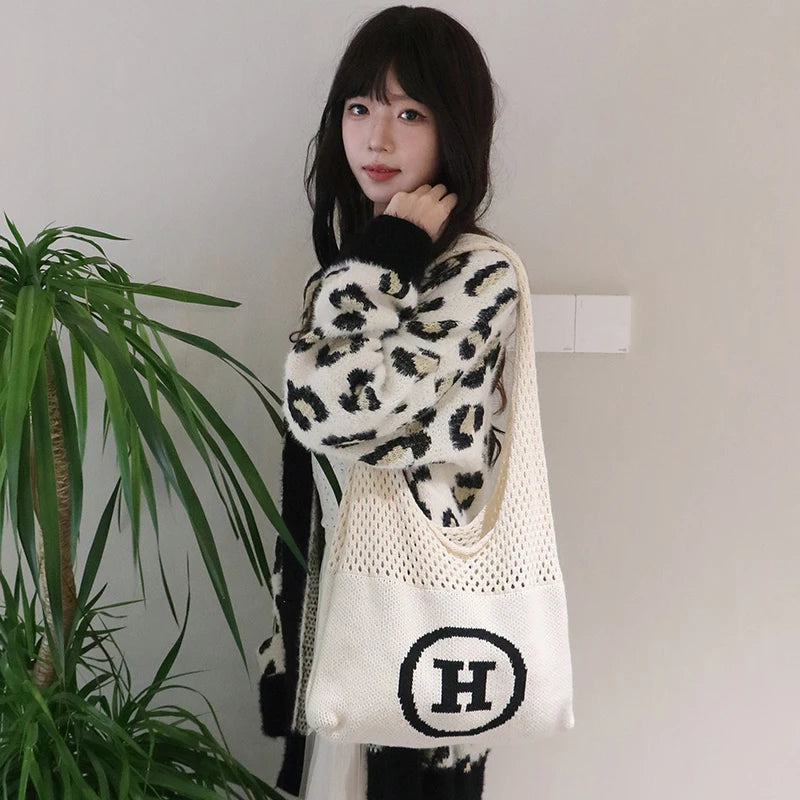 Fashion Southeast Asian Jacquard Tote Handbag Casual Open-Closure Shoulder Bag with Two Handles for Women Beach Hollow out Style