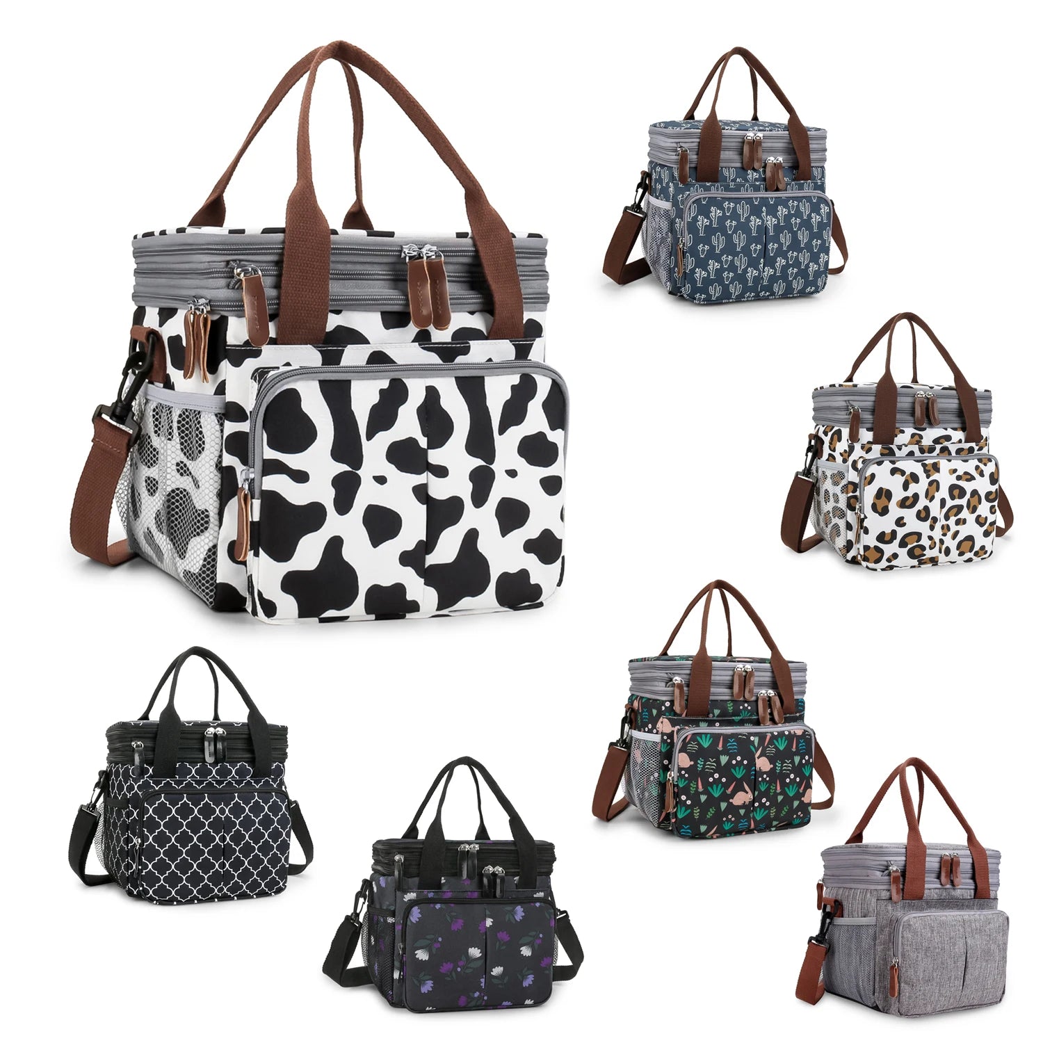 Fashion All Over Print Lunch Bag for Women Summer Large Capacity Waterproof Lunch Box Cooler Bag with Adjustable Strap Pocket