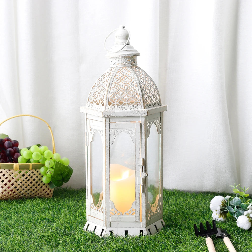 Small Vintage White Hanging Candle Lantern Metal Candle Holder for Home Wedding Decor