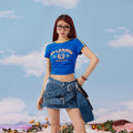 Y2K Letter Printed Knitted 90s Crop Tops O-Neck Short Sleeve Drawstring Splice T-shirts Vintage BF Clothing Top