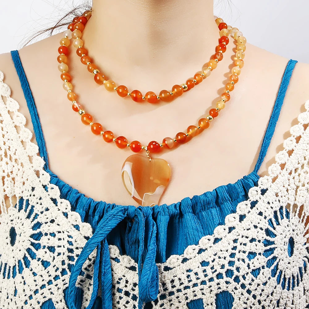 Wholesale Bohemian Fashion Cute Women Custom Jewelry 8/10mm Natural Stone Bead Heart Shape Agate Pendant Double Layered Necklace