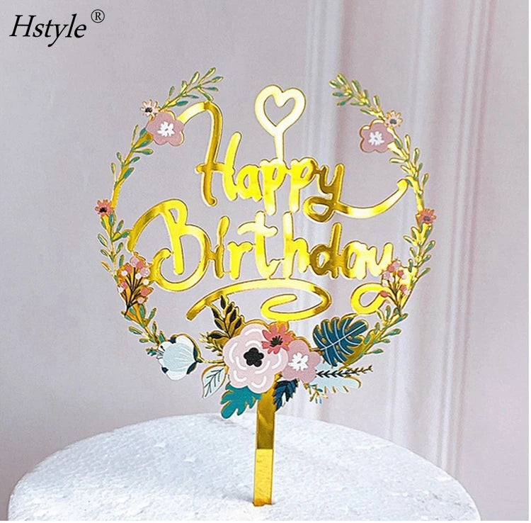 Beautiful Flower Print Happy Birthday Acrylic Cake Topper Birthday Party Decorations Cake Decoration PQ677