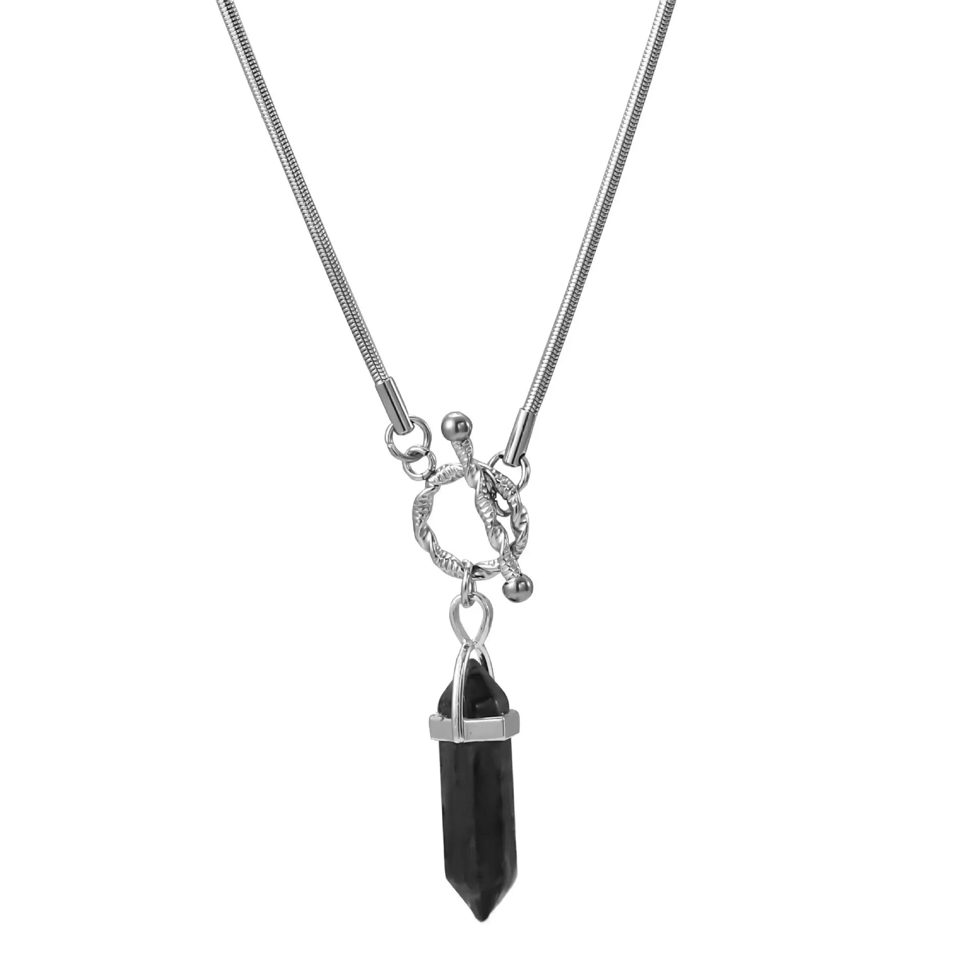QUSEDINY Men's Stainless Steel Silver Plated Hexagonal Prism Pendant Necklace Beads Trendy Natural Stone Healing Stones Jewelry