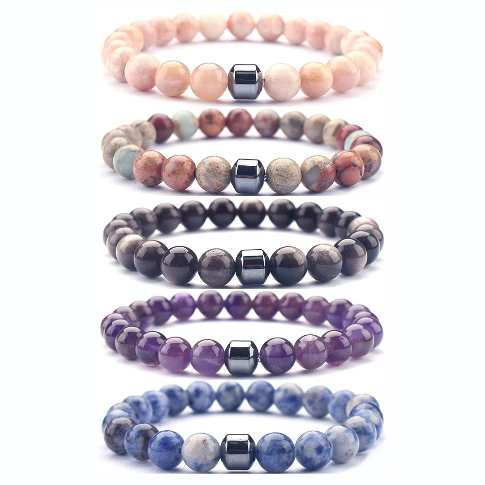 Luxury Unisex Lucky Chakra Bracelet Semi-Precious Crystal Colored Amethyst Lapis Quartz Natural Healing Stone Jewelry for Men