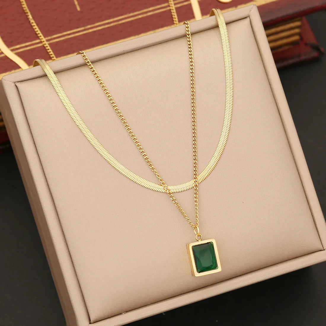 New Arrival Simple Luxury 316L Stainless Steel Square Emerald Zircon 18k Gold Plated Jewelry Set for Women