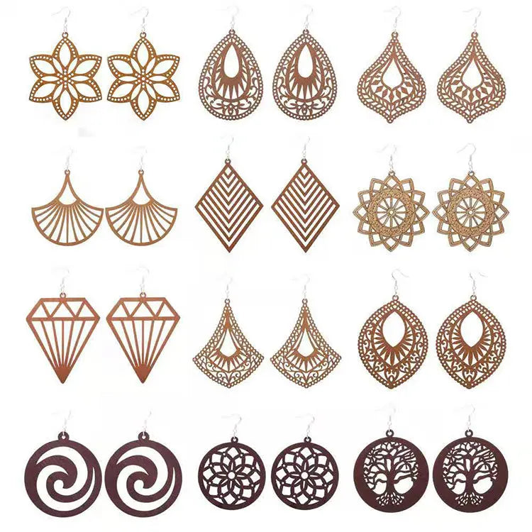 Bohemian Pendant Dangle Earrings Lightweight Ethnic Style Wood Earrings Hollow African Wooden Drop Earrings for Women