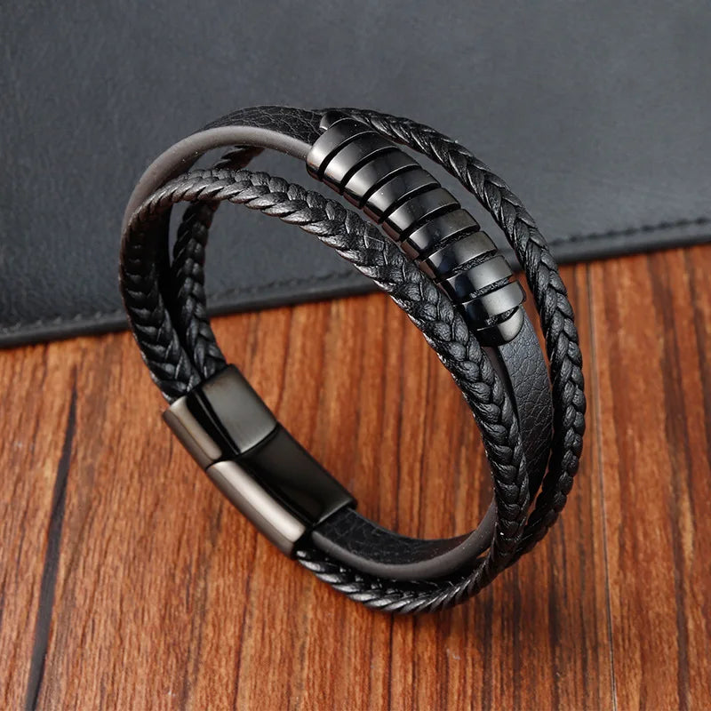 Fashion Braided Leather Bracelet  Vintage Punk Jewelry Men's Bracelets 316L Steel Magnetic Woven Wristchain