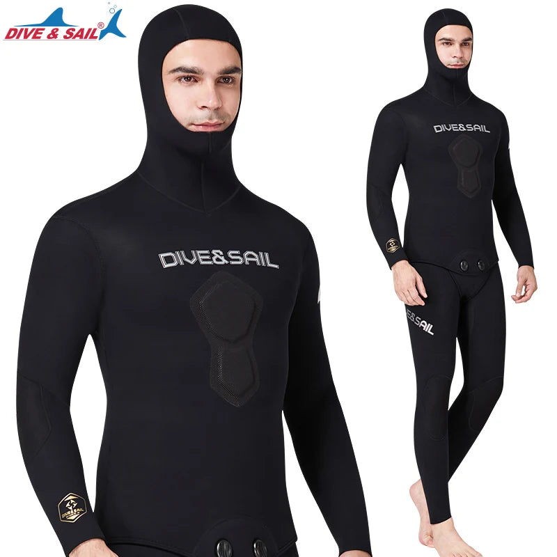 DIVE&SAIL Waterproof Breathable UV Protection Neoprene 1.5mm Black Hooded Men's Wetsuit for Spearfishing & Hunting Diving