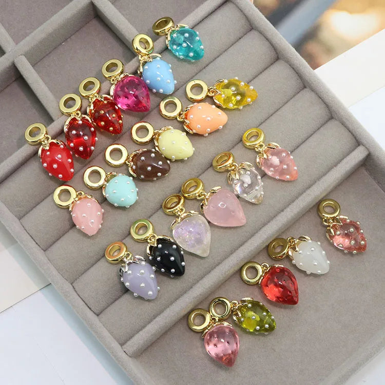JS1905  European Large Hole Bail Bead with 18k Gold Plated 3D Pearl Red Acrylic Strawberry Dangle Charms Bail Beads